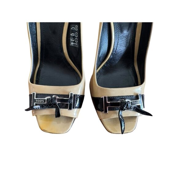 TOD'S Women's Sz 37 US Sz 6.5 Tan & Black Patent Leather Peep Toe Heels - Picture 4 of 15